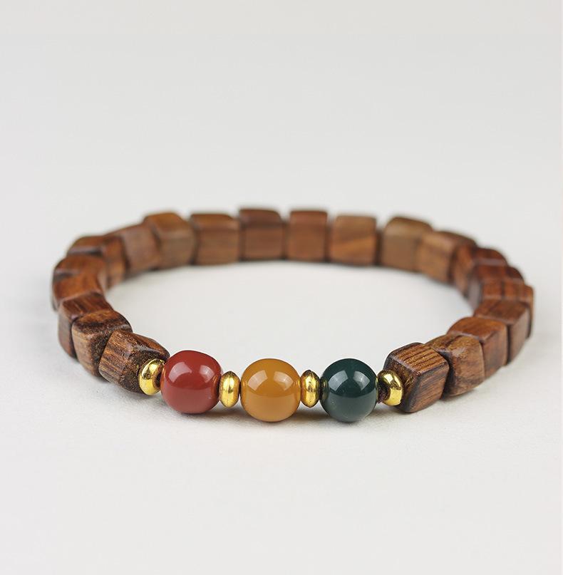 Product Introduction of New Chinese style, black rosewood, sandalwood, sugar cube beads, block beads, bracelet, three-color beads, traffic light pattern, ethnic style, wristband 0