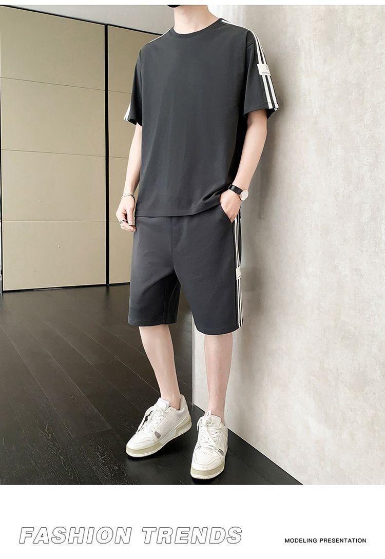 Product Introduction of Summer Men's Fashion Set Trendy Full Set Casual Loose Stylish Shorts Set One Complete Set with Three Stripes Sports 19