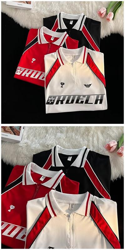 Product Introduction of American Couple Short-Sleeved Polo Shirt Summer Trendy Color Matching Printing Lapel T-shirt Loose High Street Men's Half-Sleeve T-shirt 7