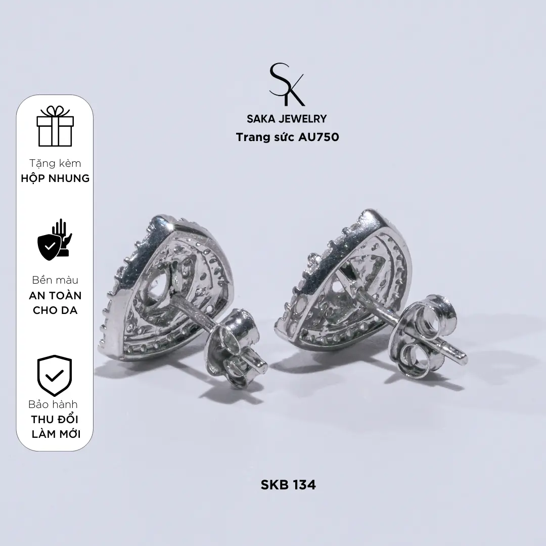 Trang sức AU750 Bông tai tam giác full xoàn tấm - chuôi đẩy - SKB 134| Saka Jewelry Trang sức AU752