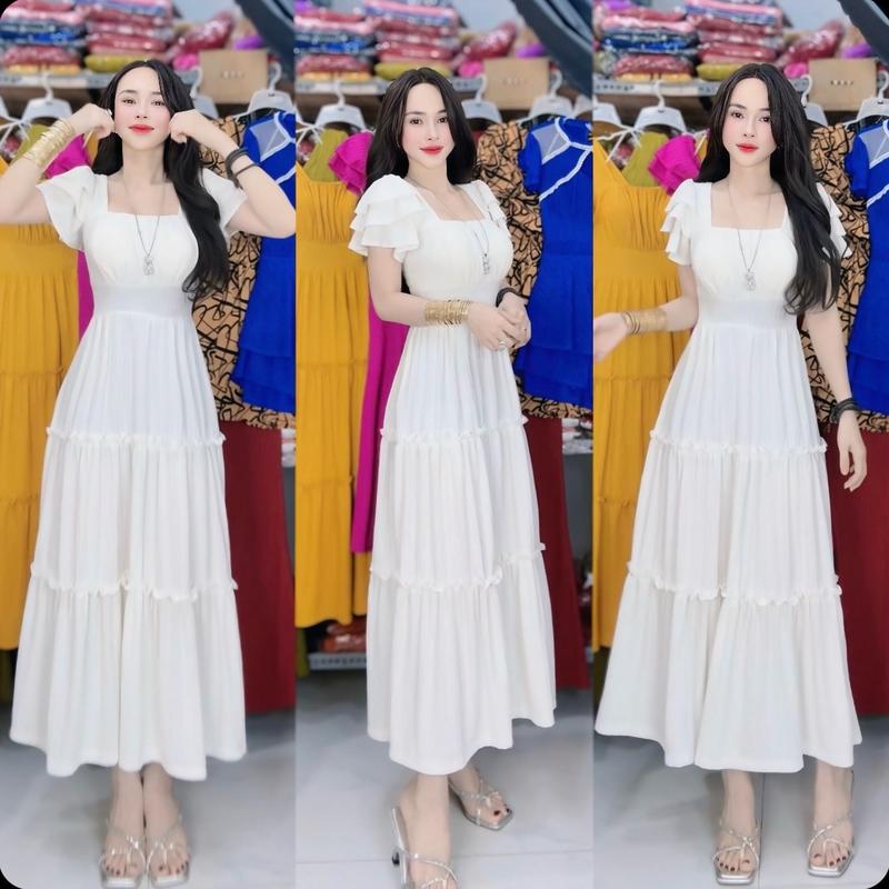 C184 Đầm Cổ Vuông Tay Bèo Dáng Maxi Dài 3 Tầng Có Mút Có Nhúng Thun Lưng ko kèm quần Huyền đồ bộ xinh Nữ