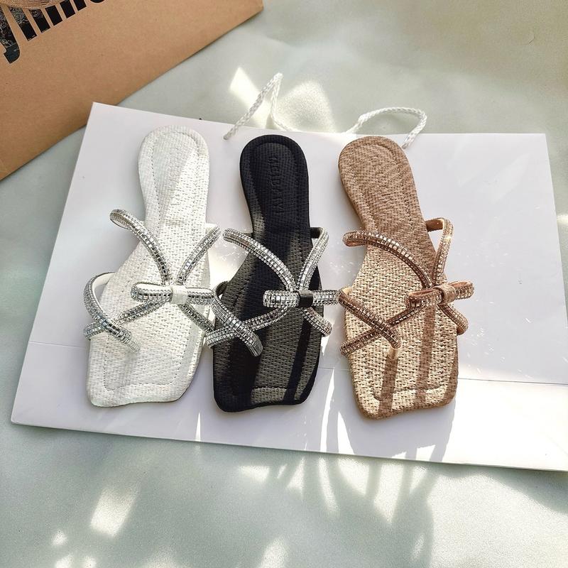 Dép Lê Nữ Mũi Uốn, Dây Đá Xỏ Ngón Thắt Nơ Xinh, Da Đan Cói Êm Chân, Đế Chống Trơn Trượt DéP Shoes