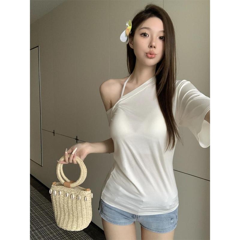 Áo Thun Thường Ngày Thiết Kế Độc Đáo Bất Đối Xứng Trễ Vai ngắn Tay, Thích Hợp Cho Mùa Hè, Dành Cho Bé Gái, Dáng Ôm, Che Phủ, Dễ Phối Đồ, Áo Đi Lại, Hợp Xu hướng 4