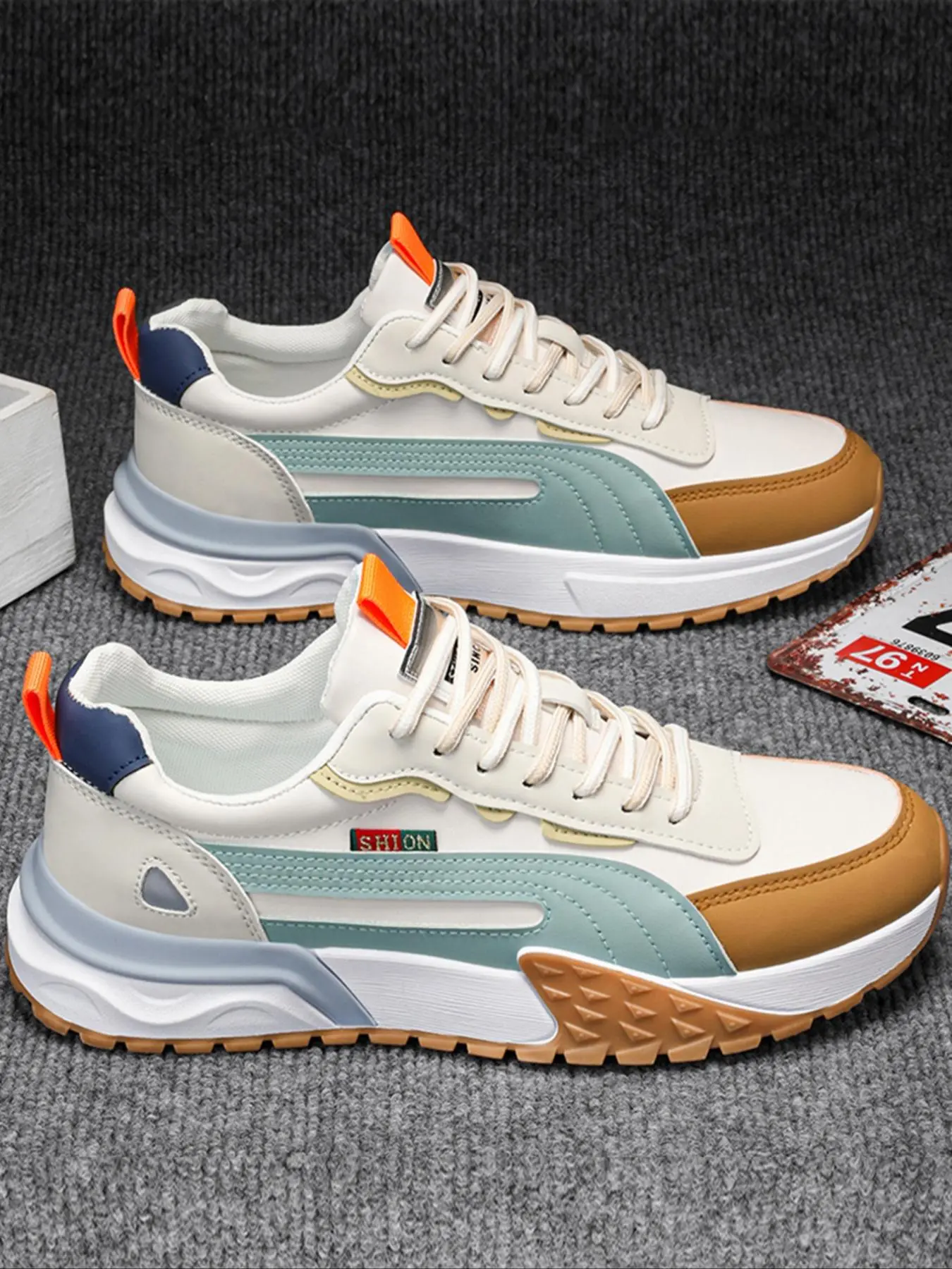 Mens Shoes, Colorblock Patched Design Lace Up Front Low Top Chunky Sneakers, Casual Comfortable Breathable Sports Running Shoes, Fashionable Sneakers for Daily Wear Trending Shoes