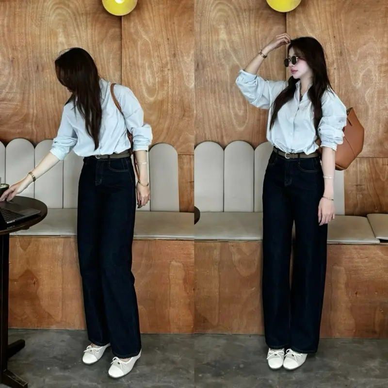 (TẶNG KÈM NỊT NÂU) Quần jeans suông xanh đậm ống đứng kèm nịt Q1224