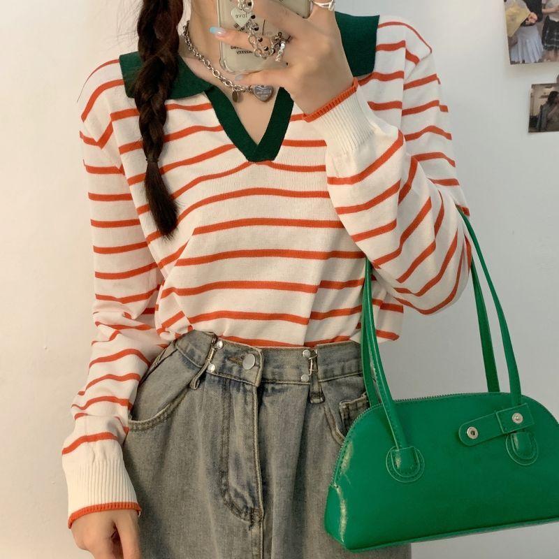 Đồ Len Cổ Polo, Hàng Mới Về Mùa Xuân Và Mùa Thu, Áo Sơ Mi Lớp Nền Mỏng Sọc Cho Nữ, Có Thể Mặc Ngoài Trời, Thiết Kế Khăm Áo Thời Trang, Quần Áo Nữ Top Women aolennu ưachuông aolen uniq  lovietnam 8