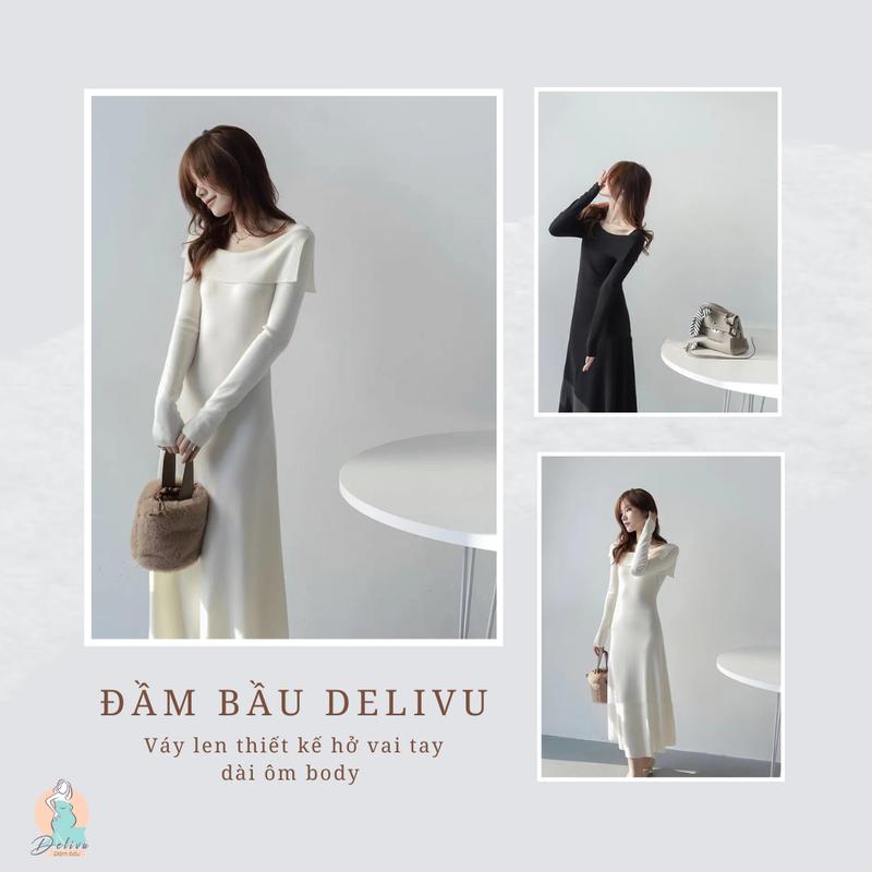 Váy len thiết kế hở vai Dài Tay ôm body phong cách Hàn Quốc Nữ Dress Women Voi 3 màu bắt trend Kem