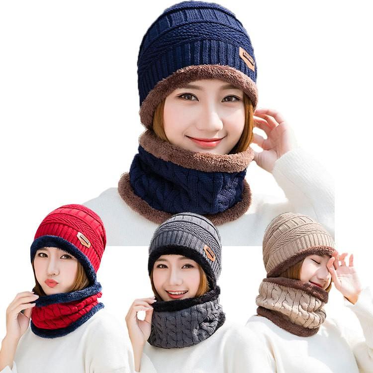 Mũ Len Nam Nữ Hàn Quốc Kèm Khăn Quàng Cổ TRƠN ML83 Hoa Cao Su Hat Voi Nón