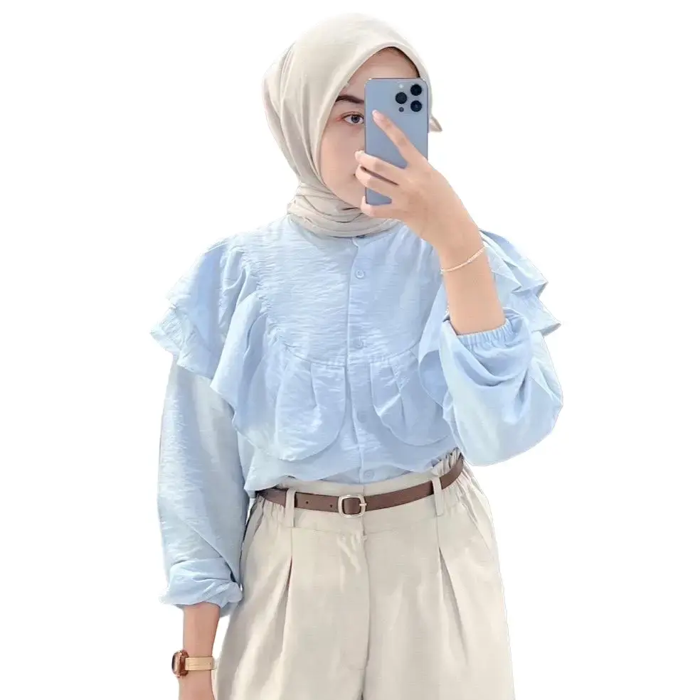 Orimoza Blouse Polo Linen Atasan Wanita Ruffle Polos Polo Linen Rafella Kancing