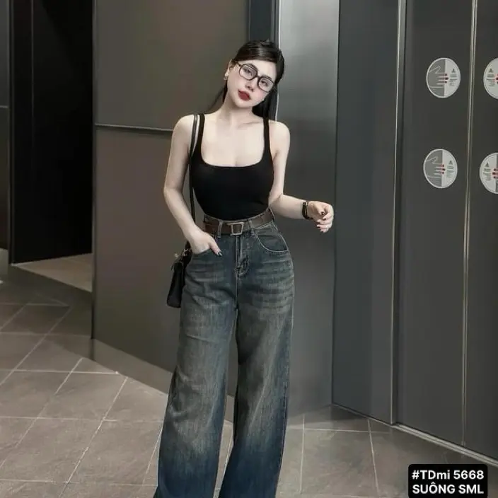 (S-2Xl)HHCHOU-Quần Jeans Suông Trơn Màu Đậm Có Phủ Dơ Vải Qc mềm có 2 chiều dài 103cm và 95cm H3344 Women Pants | BigBuy360 - bigbuy360.vn