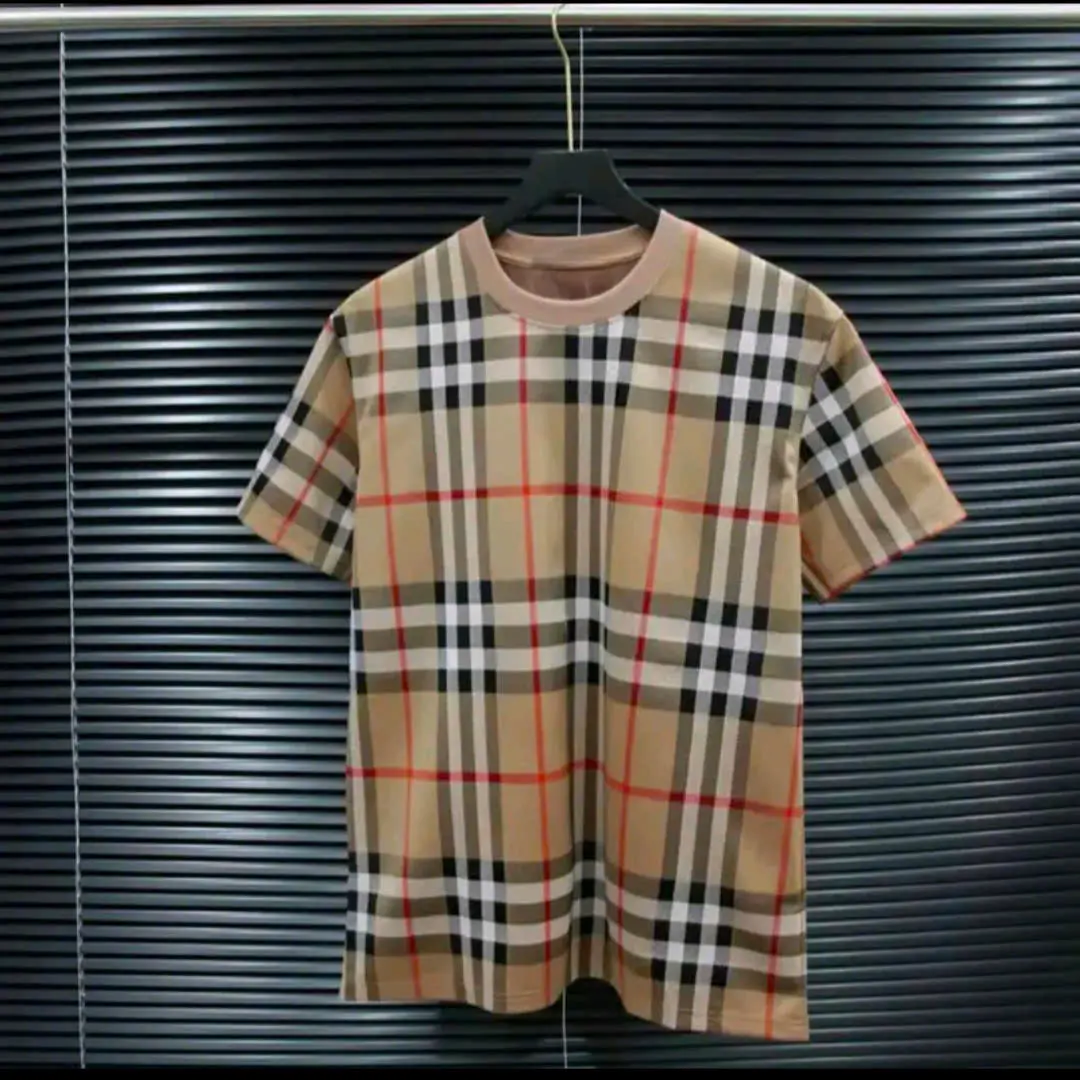 Áo phông nam nữ Premium Cotton B//BR dệt hoạ tiết kẻ sọc caro toàn thân vàng bò/ xanh than Hot hit 2024