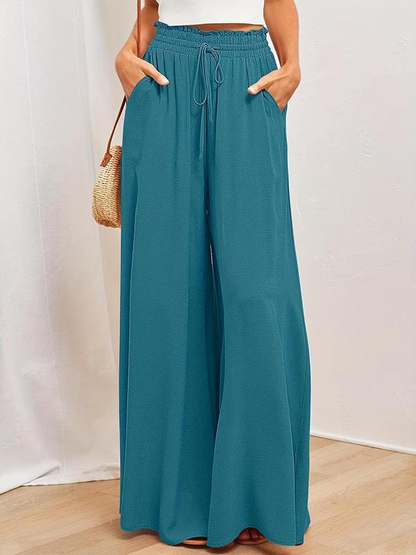 Women's Plain Pocket Drawstring Paper Bag Waist Wide Leg Pants, Casual High Waist Trousers for Fall, Back To School Pants for Women, Women's Bottoms for Daily Wear, Fall Outfits, Fallfreshness, Womenswear 3