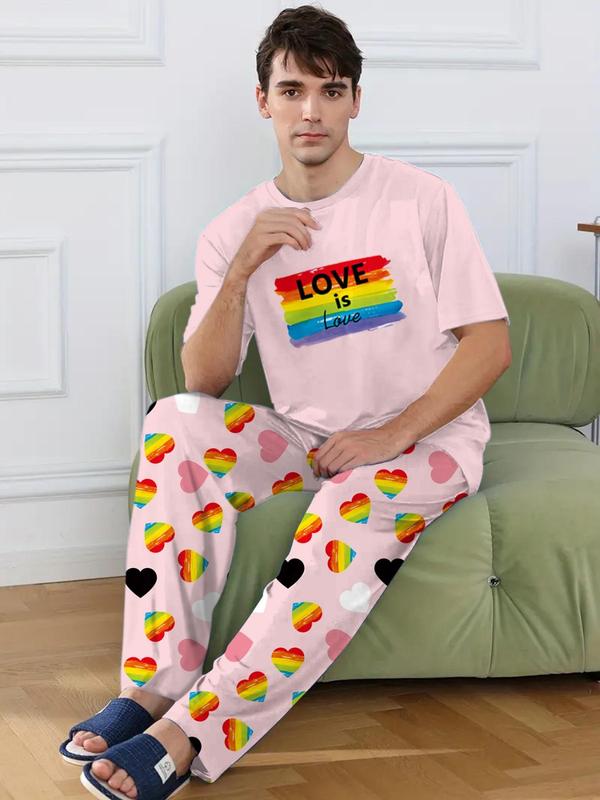 LGBTQ+ Men's 2pcs Heart Print Tee & Letter Print PJ Pants Loungewear Set, Summer Clothes, Round Neck Short Sleeve T-Shirt & Trousers PJ Set, Menswear, Men's Sleepwear Homewear For Summer 3