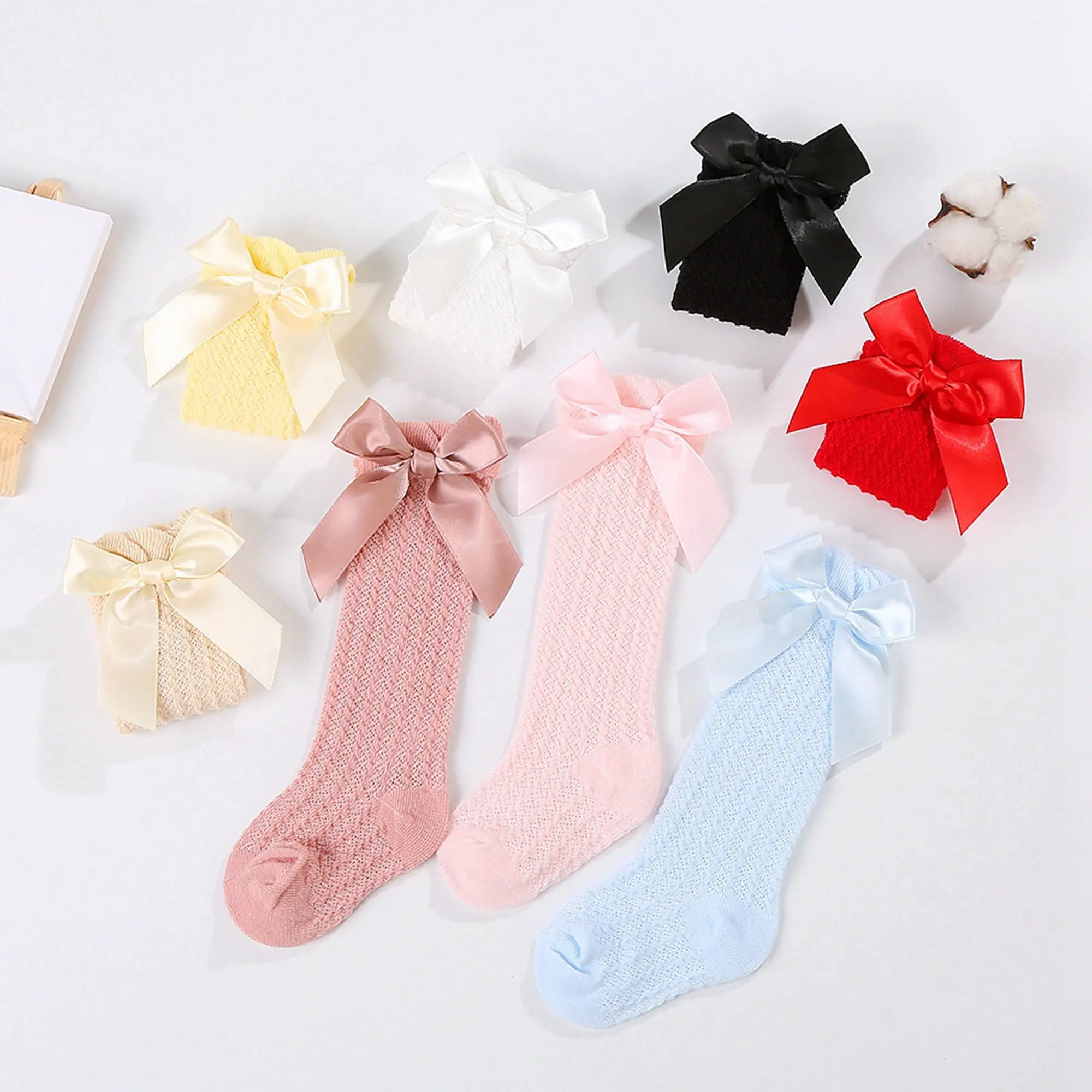 Baby Girl Knee High Socks Soft Long Socks Thin Mesh Stockings with Bow for Infants