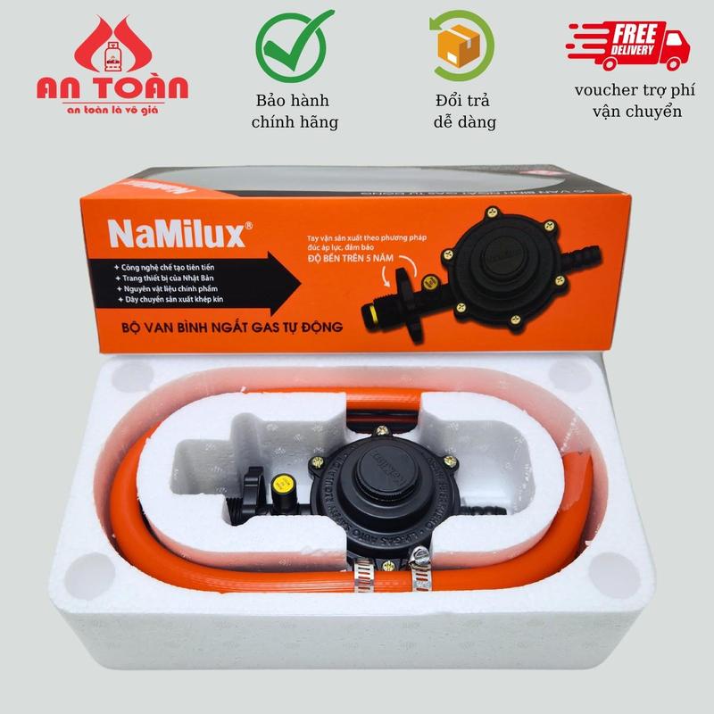 Bộ van gas điều áp tự động an toàn NAMILUX NA-345S-VN + [1.5m] dây dẫn gas + [2 đai siết inox]  Dùng Bình Gas Xám, Hồng bảo hành chính hãng 05 năm