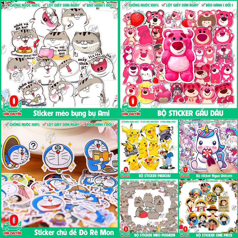 Combo 10 50 100 sticker decal dễ thương hình dán xe mũ bảo hiểm laptop điện thoại ami doraemon unicorn bmo one piece