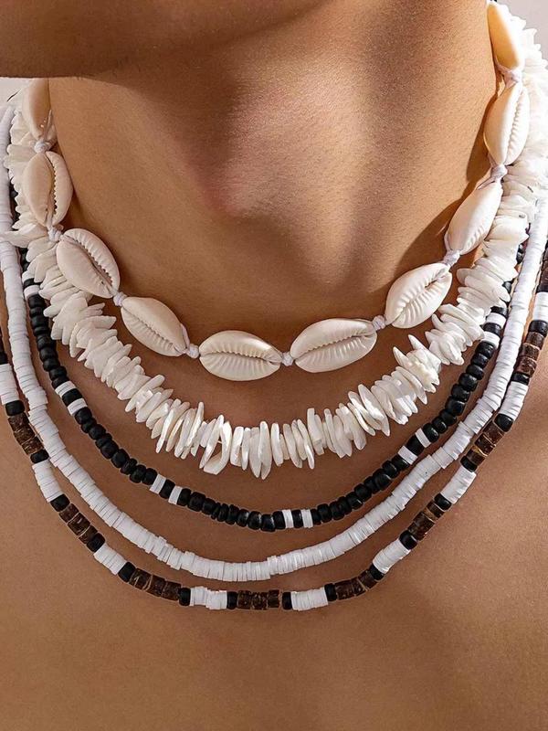 Men's Boho Style Shell & Clay Beaded Design Necklace (5pcs/set), Fashionable Beaded Necklaces for Men, Casual  Trendy All-match Jewelry As Birthday Gift 8