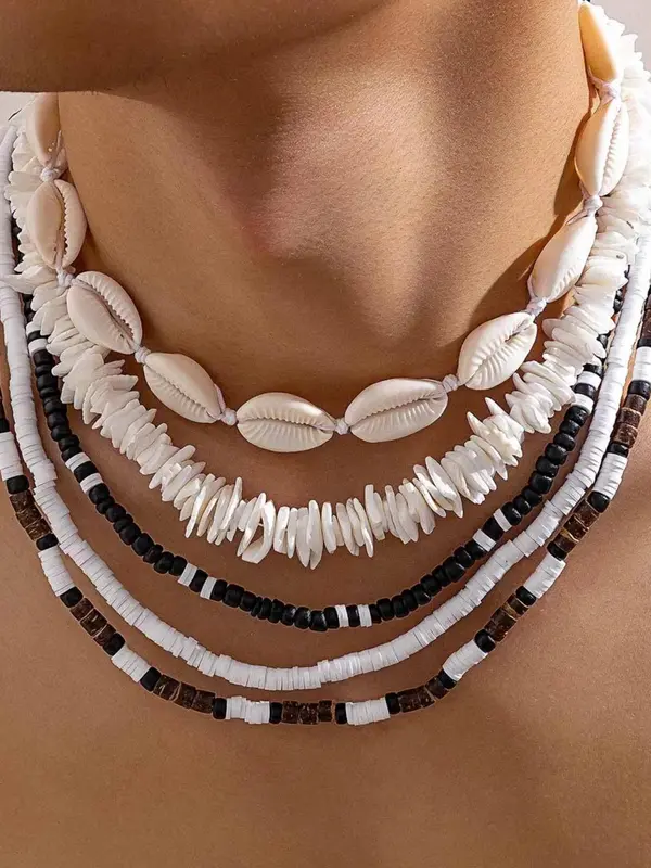 Men's Boho Style Shell & Clay Beaded Design Necklace (5pcs/set), Fashionable Beaded Necklaces for Men, Casual  Trendy All-match Jewelry As Birthday Gift 8