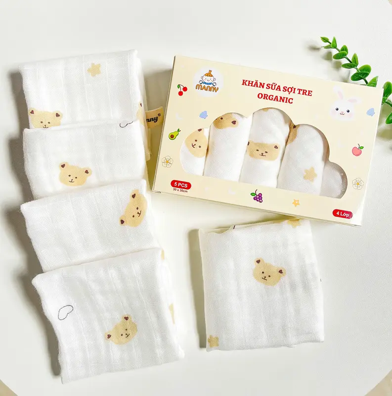 Set 5 Khăn Sữa Sợi Tre Manny Cao Cấp Chính Hãng (2-4 Lớp) Mềm Mịn, Thấm Hút, Kháng Khuẩn Cho Bé 4