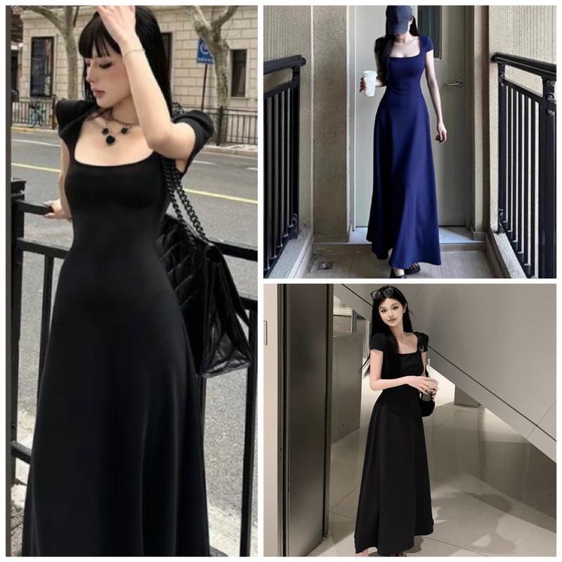 D001 Đầm Body Dáng Dài tay ngắn cổ vuông có độ co giãn thoải mái Nữ Nhung Dress Women