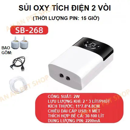 Máy sủi Oxy Hồ cá Tích điện 2 vòi SOBO SB-168 SB-268 (Đã bao gồm bộ dây và đá sủi) 4