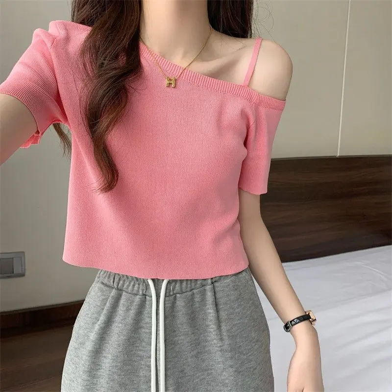 Strap one shoulder slanted shoulder short sleeved tee Shirts Top Womenswear Lingerie Women Lady Basic Blouse Fitted Minimalist Comfort
