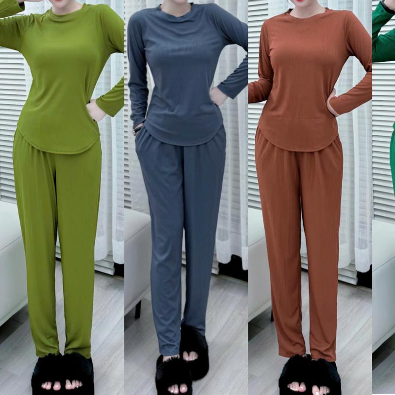 Set đồ bộ nữ mặc nhà tay dài form ôm vừa thu đông + ủ kem chất thun gân XMTRANG KIM 45-75 Nhung Women Áo Lịch Xám