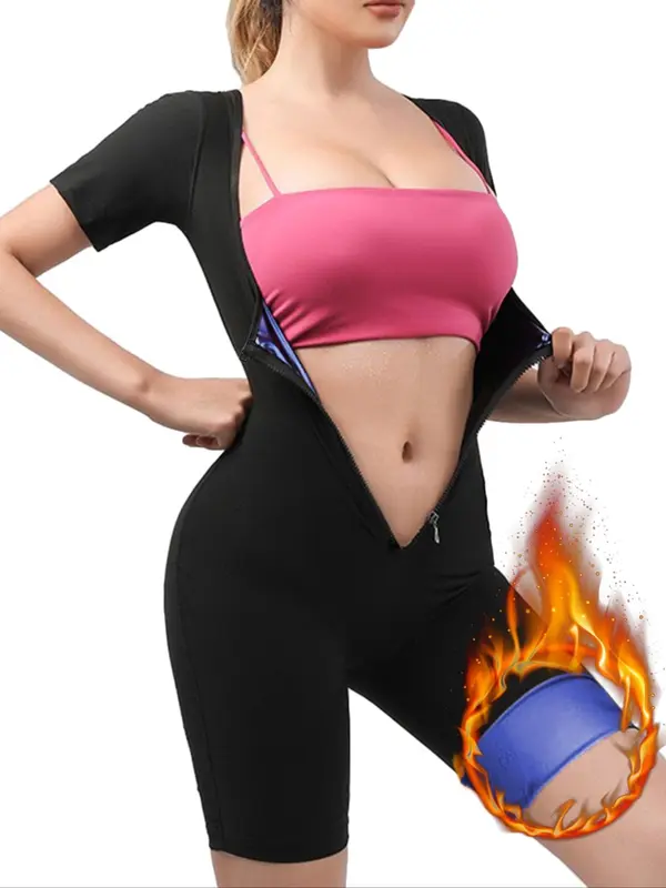 Women's Plain Zip Front Sports Shapewear Romper, 2024 Fashionable Summer New Sporty Tight-fit Tummy Control Short Sleeve Shapewear Jumpsuit, Ladies Sauna Clothes for Workout Gym Exercise Fitness, Womenswear, Tummy Control 3