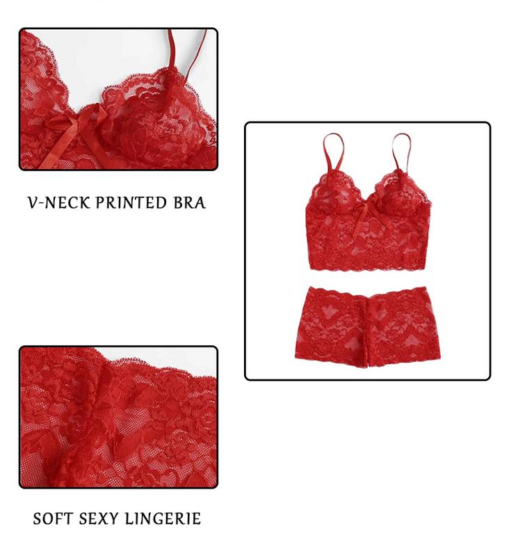 Product Introduction of LOPNT Women's Sexy Lingerie Lace Perspective Underwear Printing Hollow Out Breathable Bra Set Sling Top Panties Female Sleepwear 11