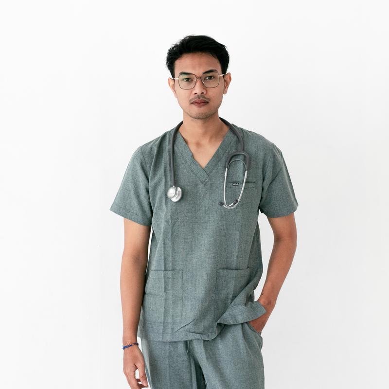 [Two Tone Collection Abu] Alloscrub/Allo scrub/Scrub Dokter / Baju Jaga Dokter / Baju OK / Baju Perawat / Dokter Lengan Pendek Warna Abu Denim Katun 3