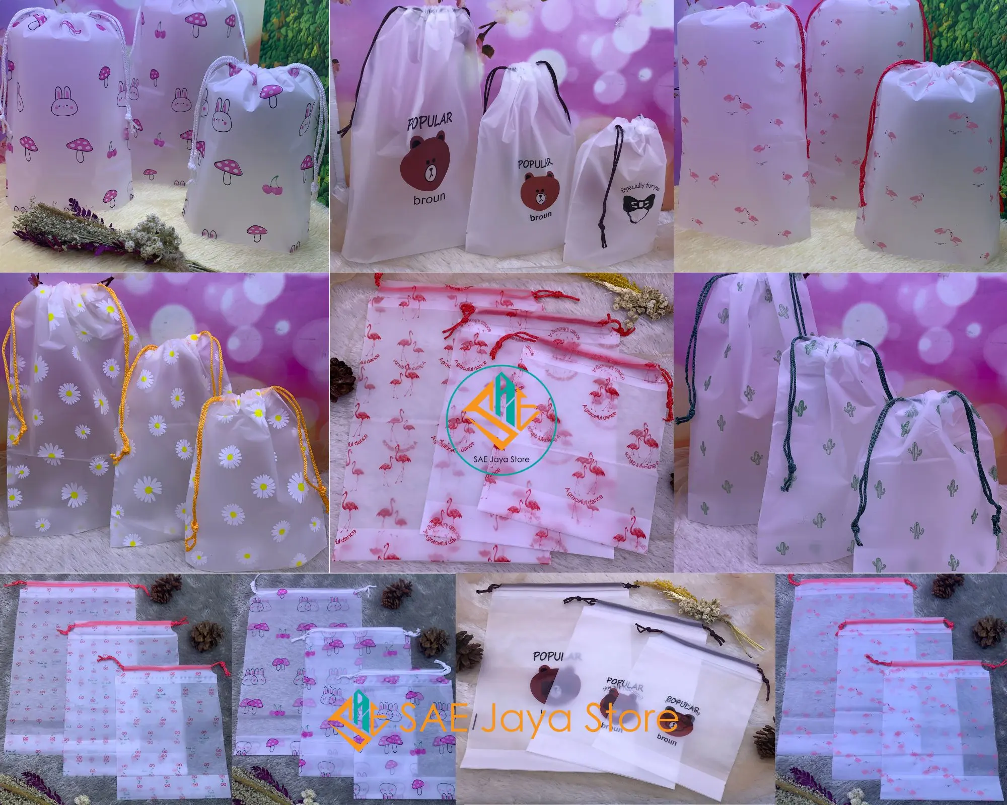(50 PCS) TRAVEL POUCH SERUT TRANSPARAN BROUN DAN MOTIF SERBAGUNA / TRAVEL POUCH SERUT MULTIFUNGSI