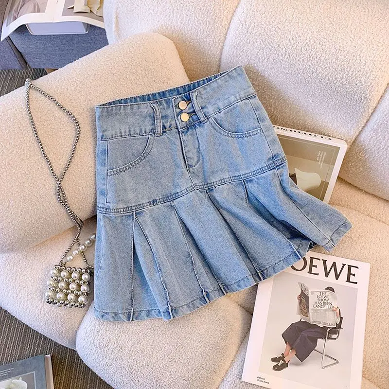 Chân Váy Denim, Co Giãn Xếp Ly, Dành Cho Nữ, Hàng Mới Về Mùa Hè, Màu Xanh Nhạt, Thiết Kế Khóa Đôi, Cạp Cao, Dáng Rộng Rãi Và Mỏng, Chân Váy Ngắn, Hợp Xu hướng