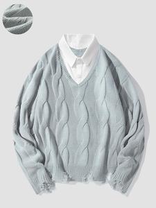 Men's 2 in 1 Button Front Distressed Hem Cable Knit Pullover, Regular Fit Casual Drop Shoulder Long Sleeve Jumper for Fall & Winter, Men's Knitwear for Daily Wear