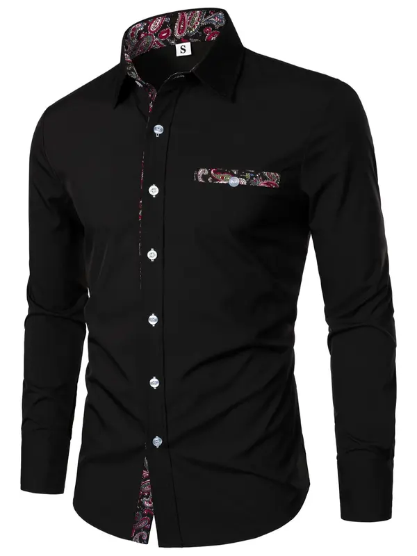 Men's Slim Paisley Print Button Front Shirt, Comfy Long Sleeve Tops for All Seasons, Casual Fashion Comfy Top for Men 4