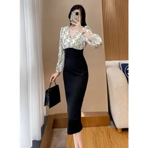 FADFAD Gaun Elegant Motif Print Ramping Untuk Wanita Lengan Panjang Dengan Kerah V Gaya Casual Modis