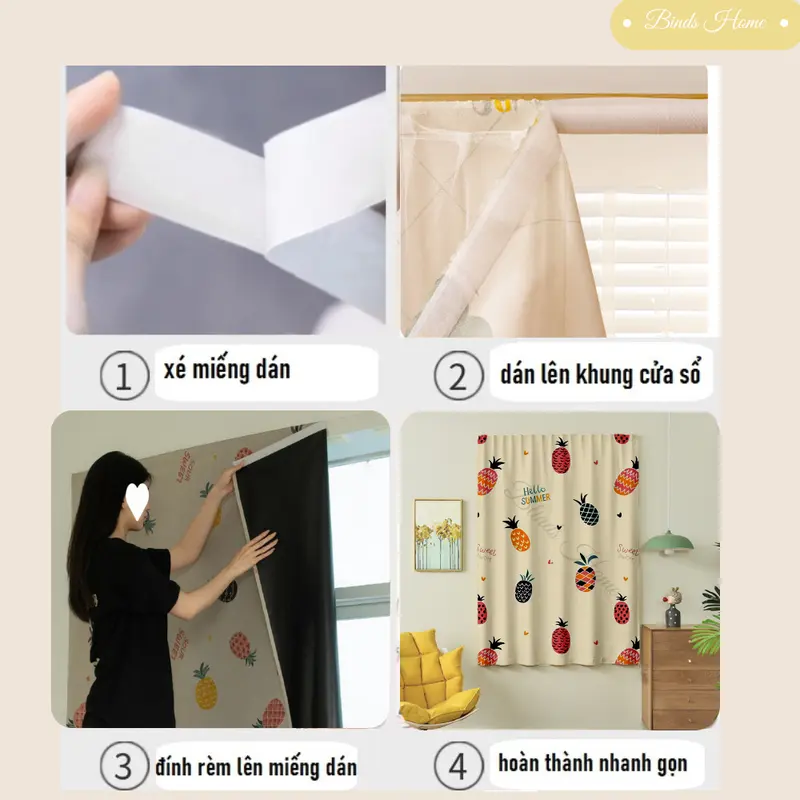 Rèm dán cửa sổ 1 lớp, rèm dán tường KHÔNG KHOAN ĐỤC BEV DECOR trang trí tiện lợi, che sáng hiệu quả ( Tặng keo dán + dây buộc) 1