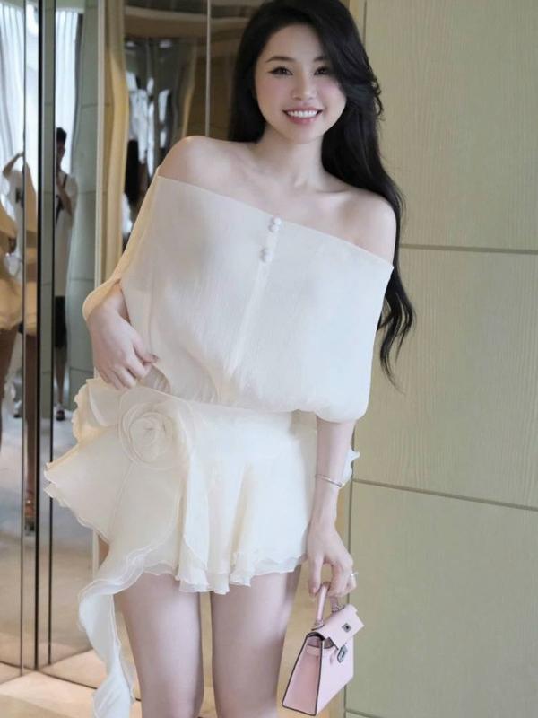 KC1588 Đầm Trễ Vai Kín Lưng Nút Bọc Hoa Eo, Đầm Phiên Bản Không Hở Lưng Hottrend, Đầm Váy Tơ Dự Tiệc Phom Bí, Váy Tơ Liền Nút Bọc Có Hoa