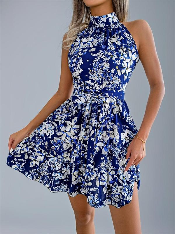 Women's All Over Floral Print Belted Dress, Casual Sleeveless Dress for Summer, Women's Clothes for Beach Holiday 8