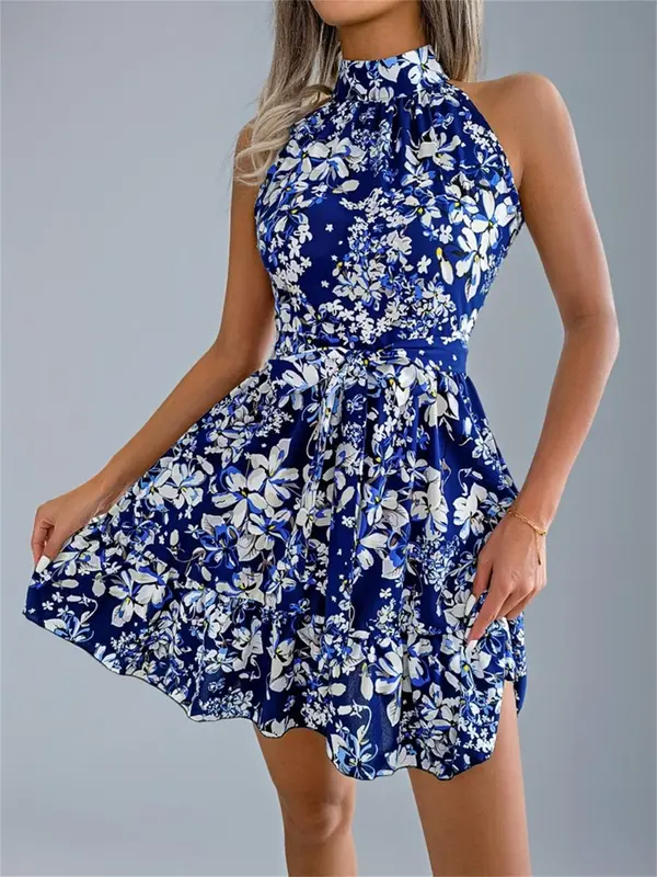 Women's All Over Floral Print Belted Dress, Casual Sleeveless Dress for Summer, Women's Clothes for Beach Holiday 8
