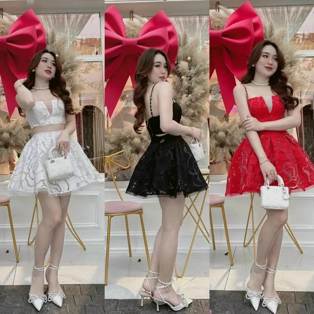 Set áo ren nổi 2 dây phối xích kèm chân váy , đi tiệc đi chơi cực sang