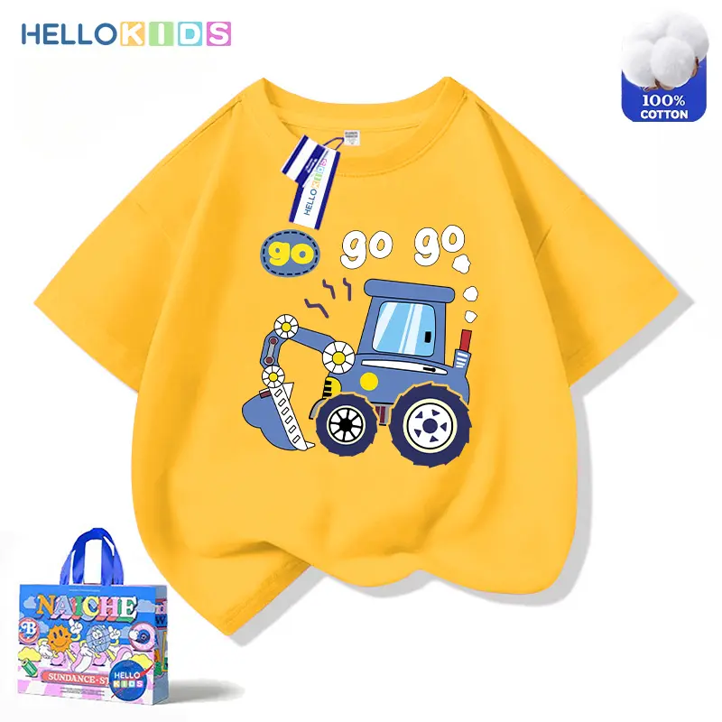 Áo Thun ngắn Tay Thời Trang Trẻ Em, 100% Cotton, Thiết Kế Máy Xúc Hoạt Hình Mới, Dành Cho Bé Trai, Áo Dáng Rộng 0