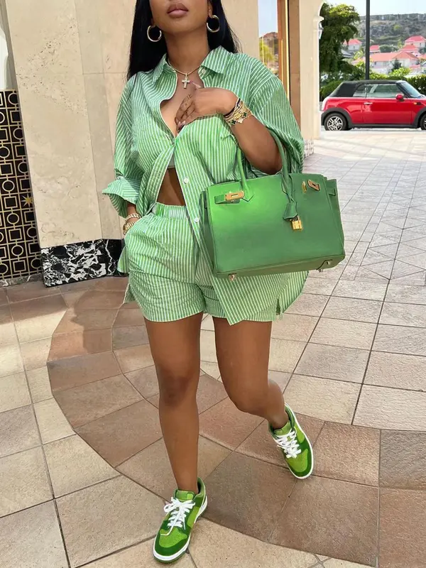 Women's Striped Print Button Shirt & Shorts Set, Casual Short Sleeve Collared Top & Shorts for Daily Wear, Ladies Two-piece Outfits for All Seasons 3