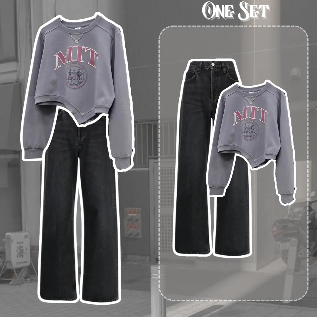OUTFIT STUDYTOUR? One Set Remaja Kekinian (Atasan Sweater, Celana Jeans Hitam) Setelan Basic Wanita | WFD-Smoky