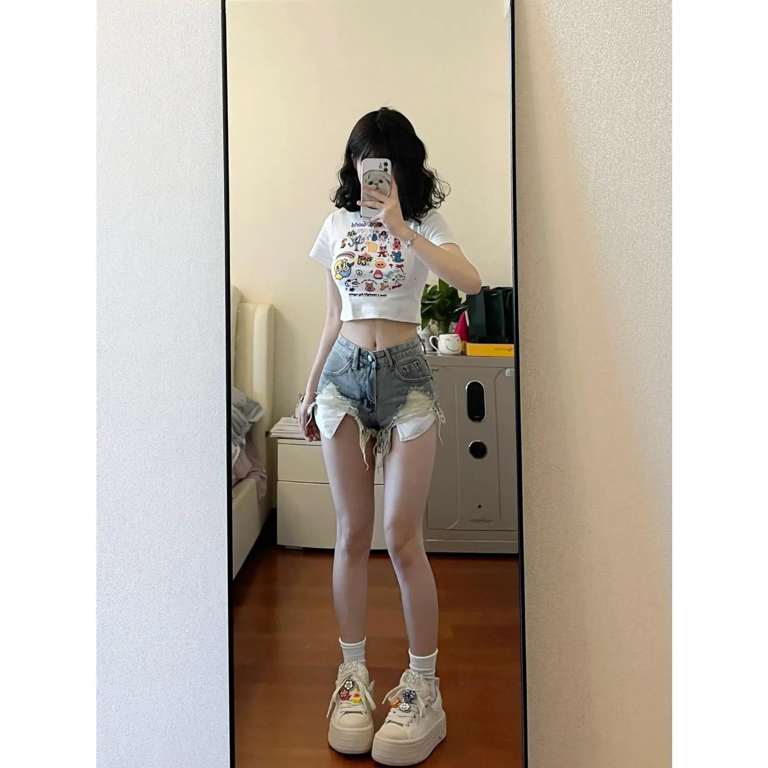 Y2k Oootd-Quần Short Denim Rách Cho Nữ, Cô Gái Nóng Bỏng Tuyệt Vời, Làm Cũ, Rung Cảm Mùa Hè Mỹ, Eo Cao, Thẳng, Chân Rộng, Quần Chữ A, Quần Nóng Bỏng Ins