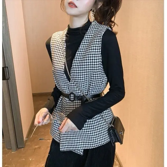 Áo Vest Họa Tiết Răng Nanh, OOTD, Mùa Thu Và Mùa Đông, Phong Cách Cổ Điển Mới, Thời Trang, Giảm Tuổi, Cổ Điển, Ngoại Cỡ, Thanh Lịch, Quần Áo Nữ Phong Cách Hàn Quốc 5