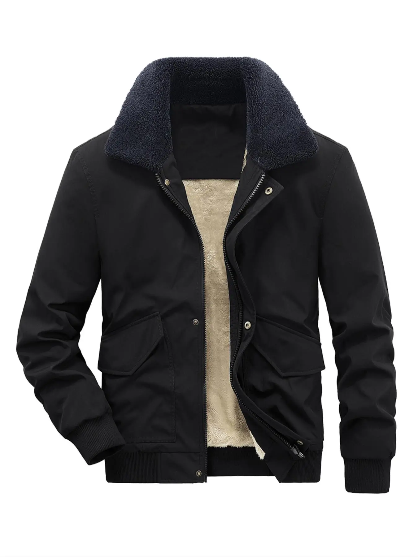 Men's Solid Pocket Collar Thermal Lined Coat, Casual Button Front Long Sleeve Outerwear For Daily Wear, Men's Clothing For Fall & Winter