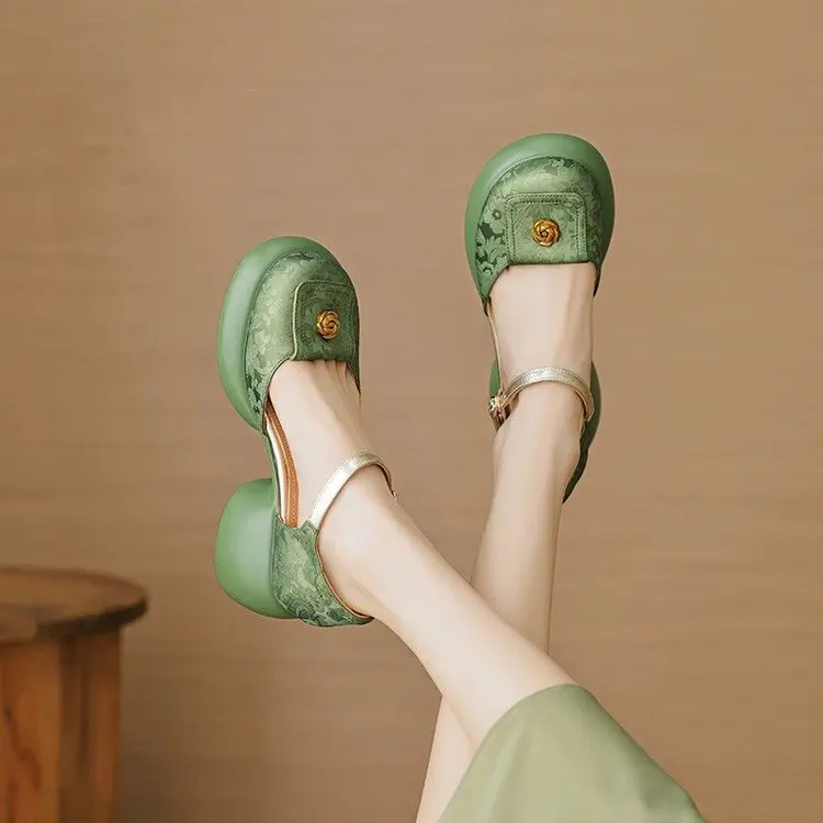 Giày Cao Gót, Mũi Tròn, Phong Cách Quốc Gia, Da Mềm Dập Nổi, Dép Dây Xích khoét lỗ, Thời Trang, Đế Chunky, Gót Chunky Nữ DéP