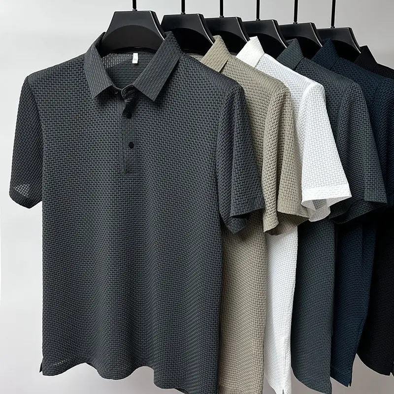 Spot summer mesh ice silk short-sleeved T-shirt men's shirt collar solid color Paul slip polo shirt half-sleeved men's clothes