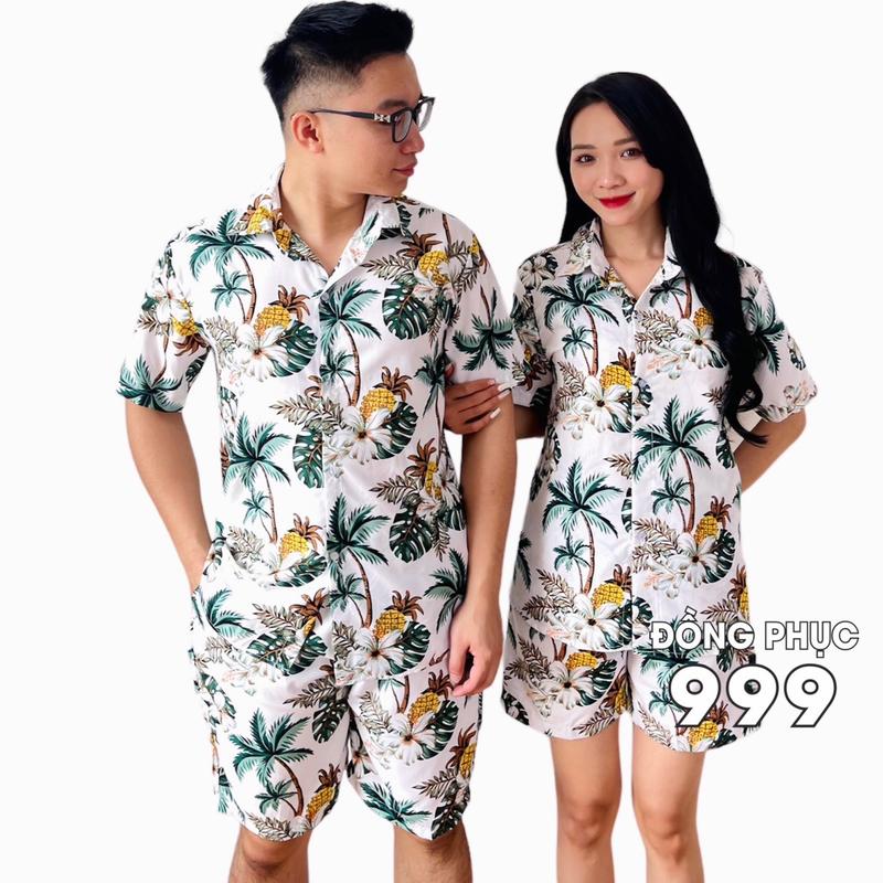 Quần áo đi biển set bộ sơ mi hoa lá cây dừa trái thơm nền trắng Nam Top