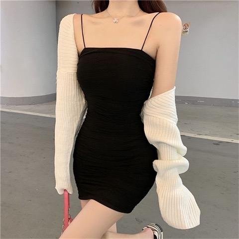Đầm ôm body váy 2 dây mảnh đen váy 2 dây dáng ôm người sợi bún- vây ôm body